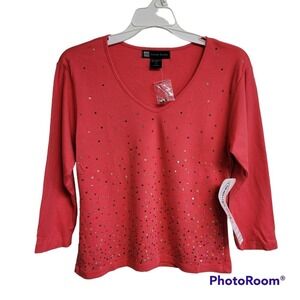 Casual Studio Coral Pink Sequined 3/4 Sleeve Top Women's Size Small
